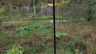 In einem Garten steht ein Gerät zur Pflanzenkartierung. Es besteht aus einem langen Stab mit einem Sensor oben drauf.