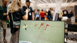 ein Bildschirm mit geschwungenen Graphen, darauf der Text "Wingbeatsensor", im Hintergrund Besuchende einer Veranstaltung