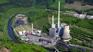 Kohlekraftwerk umgeben von Wald und einem Fluss.